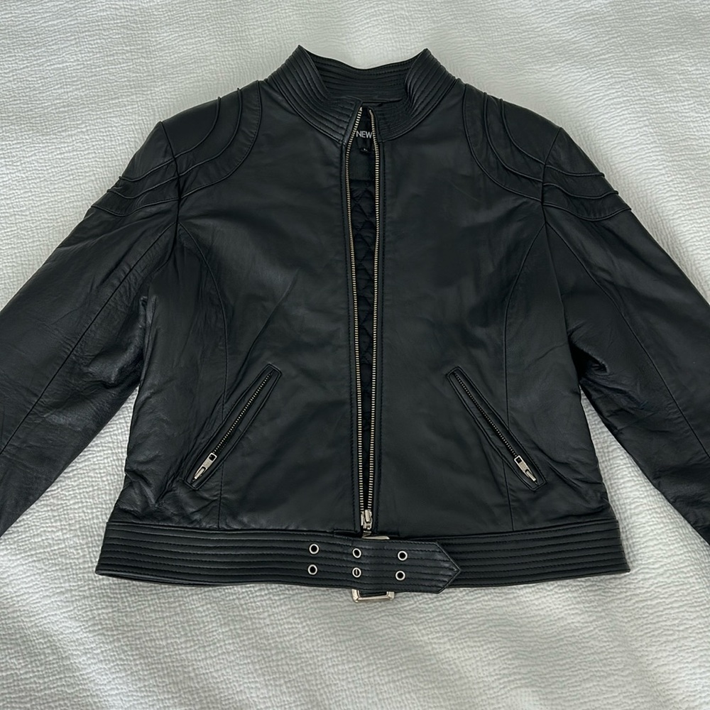 Black leather moto jacket by Sara New York